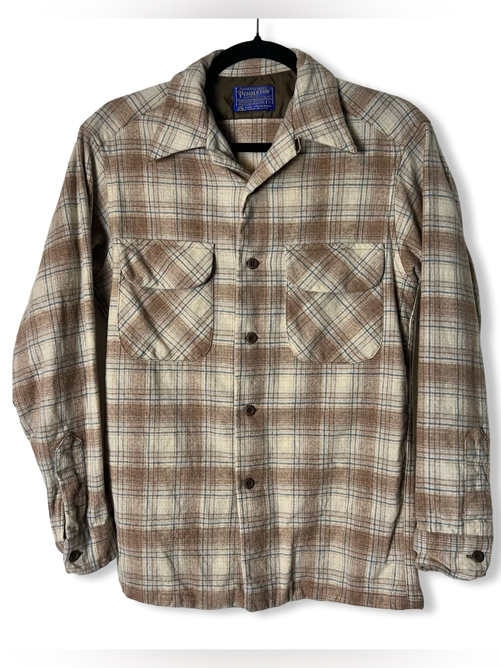 Pendleton Mens Vintage Wool Board Shirt Shadow Plaid Tan Cream Blue USA Sz. S